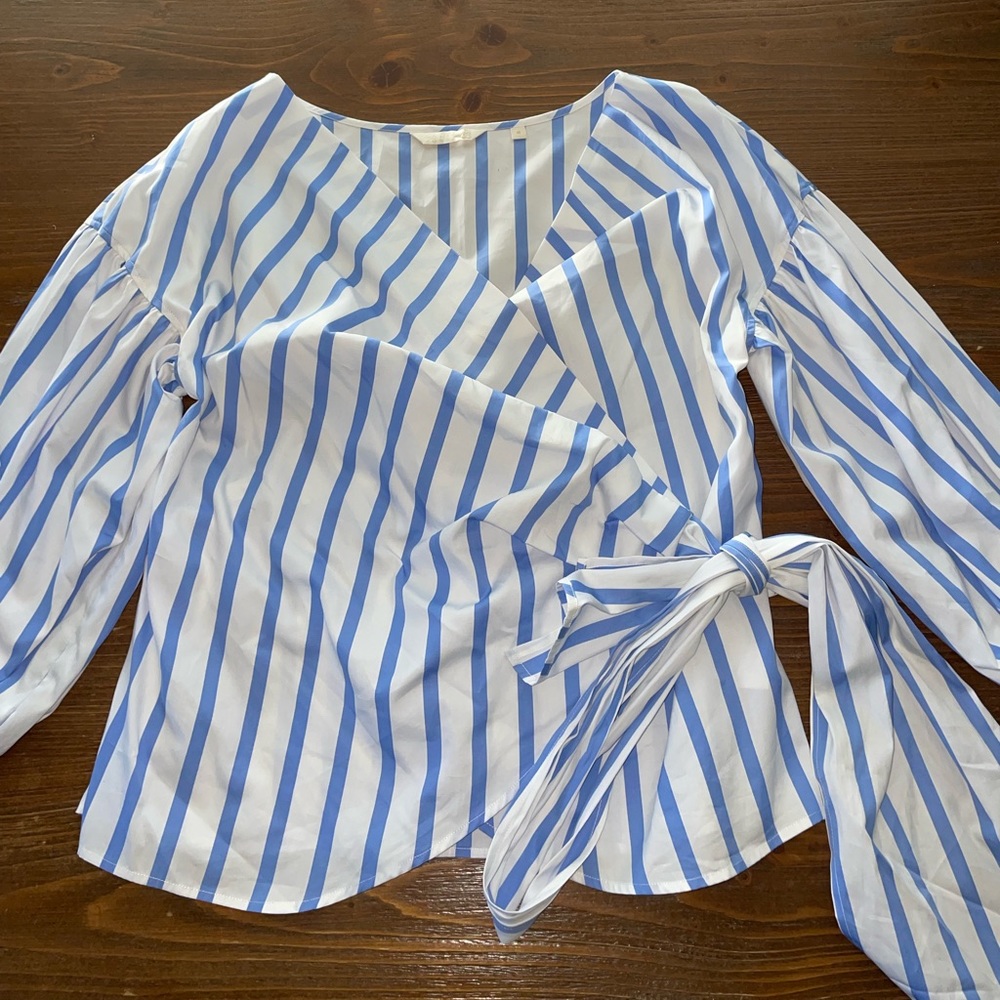 XACUS DONNA ADORABLE STRIPED WRAP SHIRT WITH POOF SLEEVES SZ EU 40/ US 4